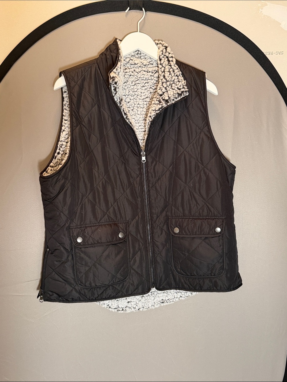 Reversible Quilted Black Sherpa-Lined Vest - Women's